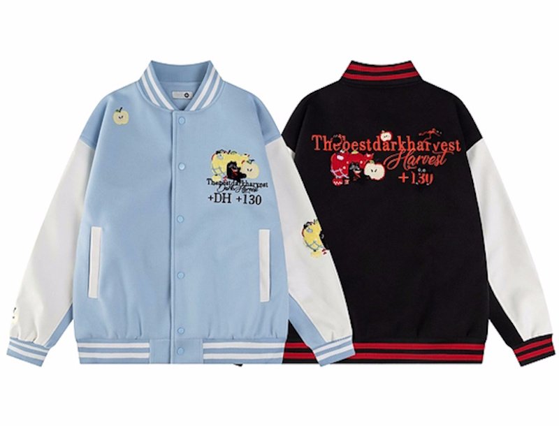 画像1: Unisex Apple & Cat Embroidered Leather Sleeve Stadium Baseball Jacket Blouson ユニセックス 男女兼用アップル＆キャット刺繍 レザースリーブスタジャン スタジアムジャンパー ジャケット (1)