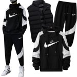 画像1: 25 Unisex Men& Women Broken swoosh Setup Sweat and Pants and Down vest Set  ブロークン スウォッシュ プリントセットアップ ダウンベスト付き ユニセックス 男女兼用 スウェット トレーナー＆パンツセット (1)