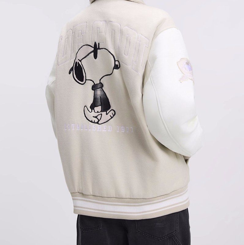 画像3: Unisex Snoopy Joint Stadium Jacket Leather Sleeve Stadium Baseball Jacket Blouson ユニセックス 男女兼用スヌーピー刺繍 レザースリーブジョイントスタジャン スタジアムジャンパー ジャケット (3)