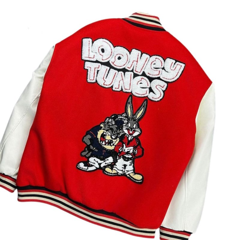 画像2: Unisex Looney Tunes Bugs Bunny Embroidery Leather Sleeve Stadium Baseball Jacket Blouson ユニセックス 男女兼用 ルーニーチューンバッグスバニー刺繍レザースリーブスタジャン スタジアムジャンパー ジャケット (2)