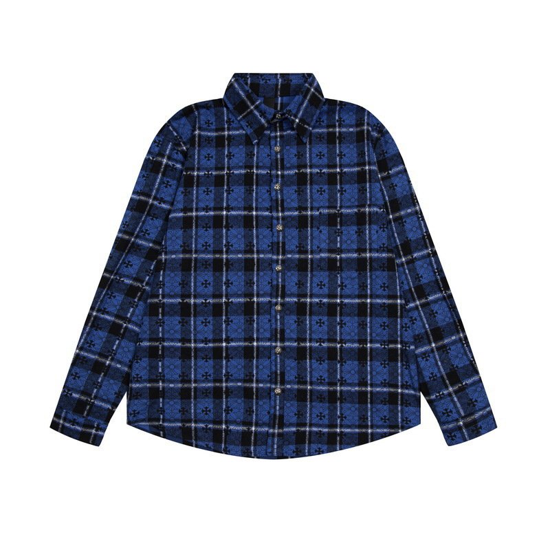 画像1: SALE セール Men's 3colors leather Cross flannel long-sleeved shirts ユニセックス 男女兼用 フランネル レザー 十字架 クロス パッチ モチーフ付 チェック シャツ ネルシャツ (1)