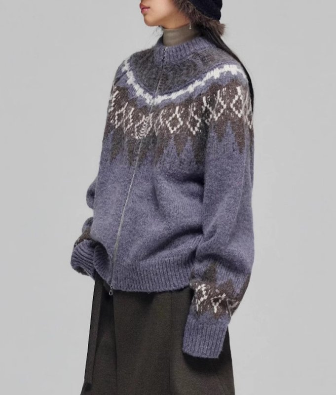 画像2: Unisex Aran Isle knitted crew neck zip-up cardigan jacket sweater knit  男女兼用 アランアイル模様編み込みジップアップウンドネック カーディガンジャケットセーター (2)