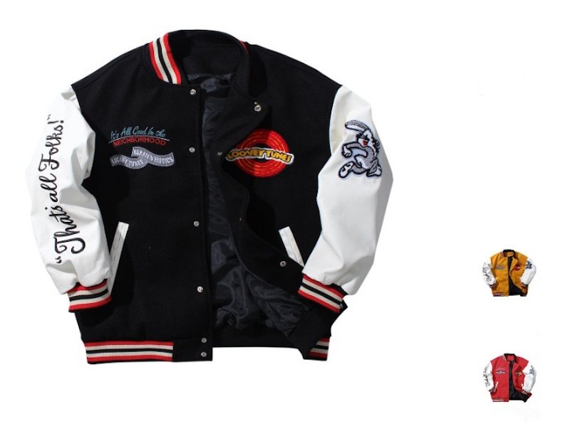 画像8: Unisex Looney Tunes Bugs Bunny Embroidery Leather Sleeve Stadium Baseball Jacket Blouson ユニセックス 男女兼用 ルーニーチューンバッグスバニー刺繍レザースリーブスタジャン スタジアムジャンパー ジャケット (8)