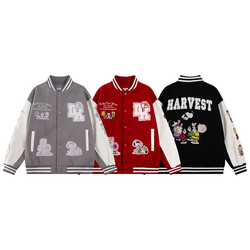 画像1: Unisex　Snoopy & Friends Embroidery Leather Sleeve Stadium Baseball Jacket Blouson ユニセックス 男女兼用スヌーピー＆フレンズ 刺繍レザースリーブスタジャン スタジアムジャンパー ジャケット (1)
