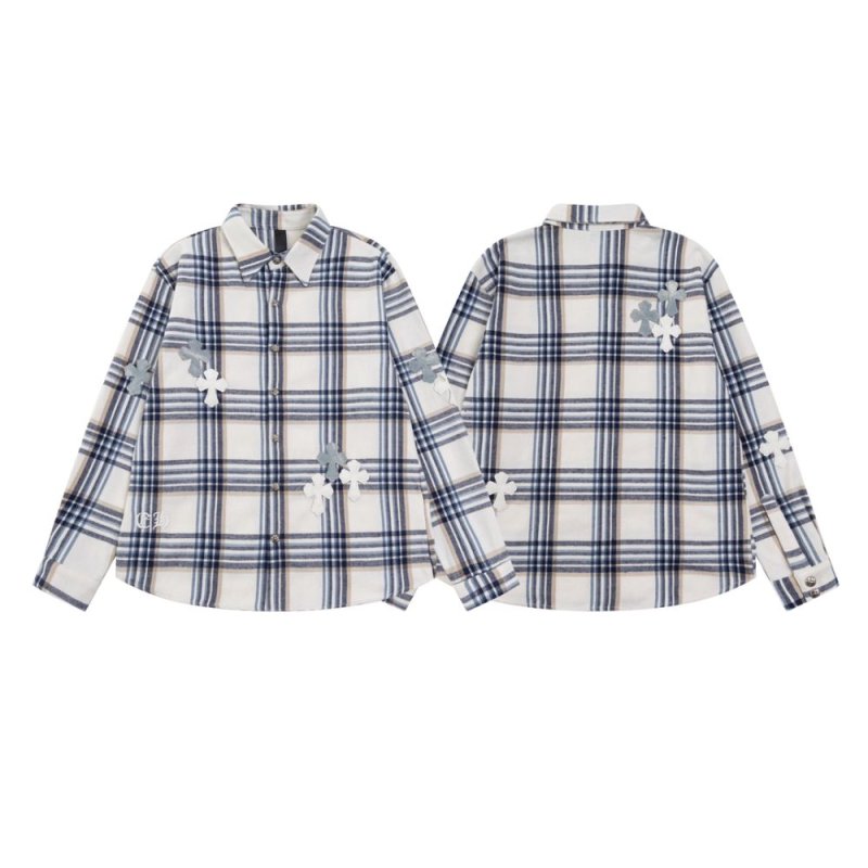 画像1: Men's leather Cross  flannel long-sleeved shirts ユニセックス 男女兼用 フランネル レザー 十字架 クロス パッチ モチーフ付 チェック シャツ ネルシャツ (1)