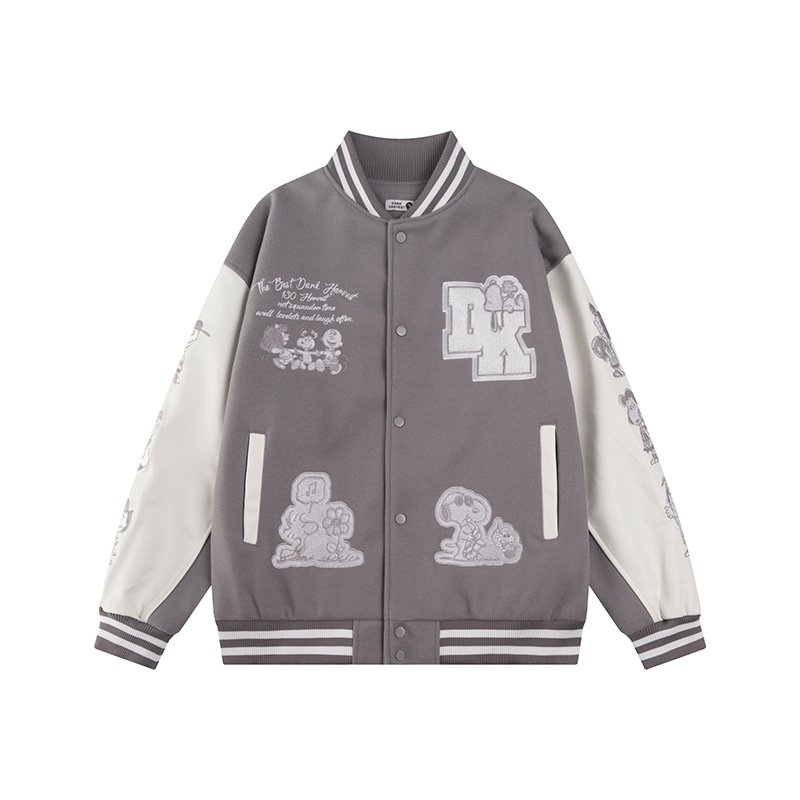 画像2: Unisex Snoopy & Friends Embroidery Leather Sleeve Stadium Baseball Jacket Blouson ユニセックス 男女兼用スヌーピー&フレンズ 刺繍レザースリーブスタジャン スタジアムジャンパー ジャケット (2)