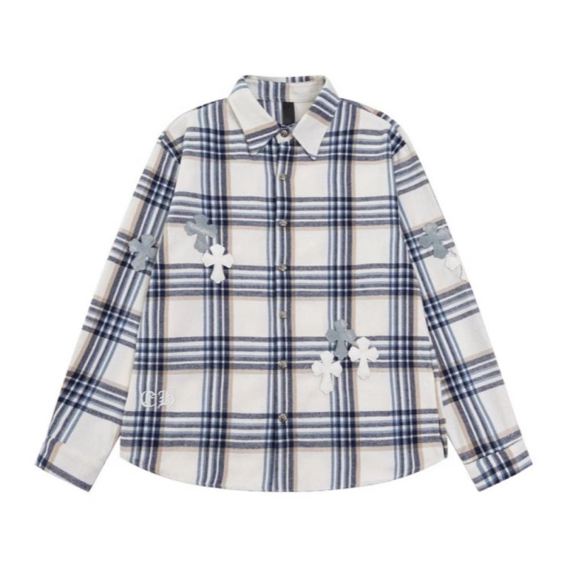 画像2: Men's leather Cross  flannel long-sleeved shirts ユニセックス 男女兼用 フランネル レザー 十字架 クロス パッチ モチーフ付 チェック シャツ ネルシャツ (2)