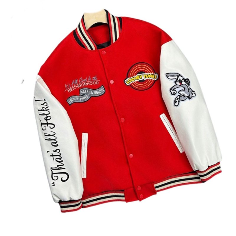 画像4: Unisex Looney Tunes Bugs Bunny Embroidery Leather Sleeve Stadium Baseball Jacket Blouson ユニセックス 男女兼用 ルーニーチューンバッグスバニー刺繍レザースリーブスタジャン スタジアムジャンパー ジャケット (4)