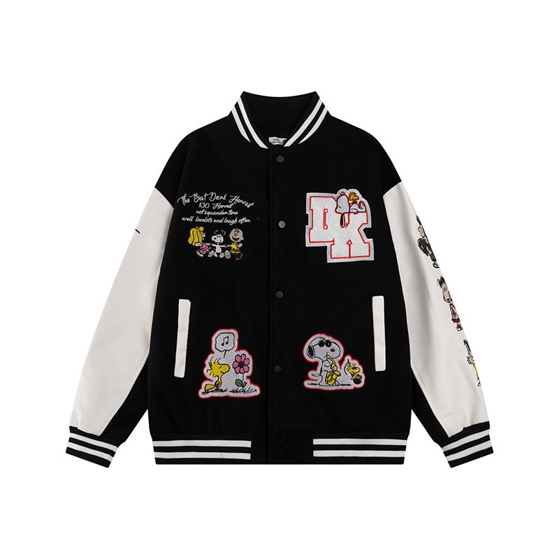 画像3: Unisex Snoopy & Friends Embroidery Leather Sleeve Stadium Baseball Jacket Blouson ユニセックス 男女兼用スヌーピー&フレンズ 刺繍レザースリーブスタジャン スタジアムジャンパー ジャケット (3)