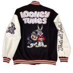 画像1: Unisex Looney Tunes Bugs Bunny Embroidery Leather Sleeve Stadium Baseball Jacket Blouson ユニセックス 男女兼用 ルーニーチューンバッグスバニー刺繍レザースリーブスタジャン スタジアムジャンパー ジャケット (1)