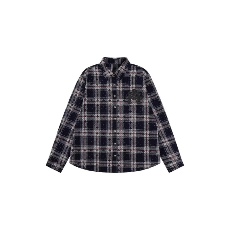 画像2: Men's 3colors leather Cross flannel long-sleeved shirts ユニセックス 男女兼用 フランネル レザー 十字架 クロス パッチ モチーフ付 チェック シャツ ネルシャツ (2)
