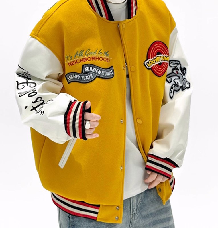 画像12: Unisex Looney Tunes Bugs Bunny Embroidery Leather Sleeve Stadium Baseball Jacket Blouson ユニセックス 男女兼用 ルーニーチューンバッグスバニー刺繍レザースリーブスタジャン スタジアムジャンパー ジャケット (12)