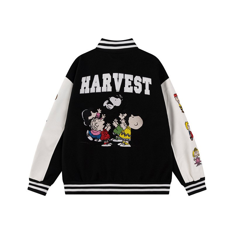 画像6: Unisex Snoopy & Friends Embroidery Leather Sleeve Stadium Baseball Jacket Blouson ユニセックス 男女兼用スヌーピー&フレンズ 刺繍レザースリーブスタジャン スタジアムジャンパー ジャケット (6)