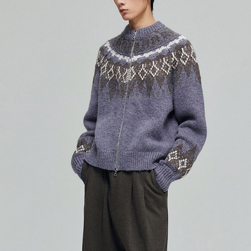 画像3: Unisex Aran Isle knitted crew neck zip-up cardigan jacket sweater knit  男女兼用 アランアイル模様編み込みジップアップウンドネック カーディガンジャケットセーター (3)