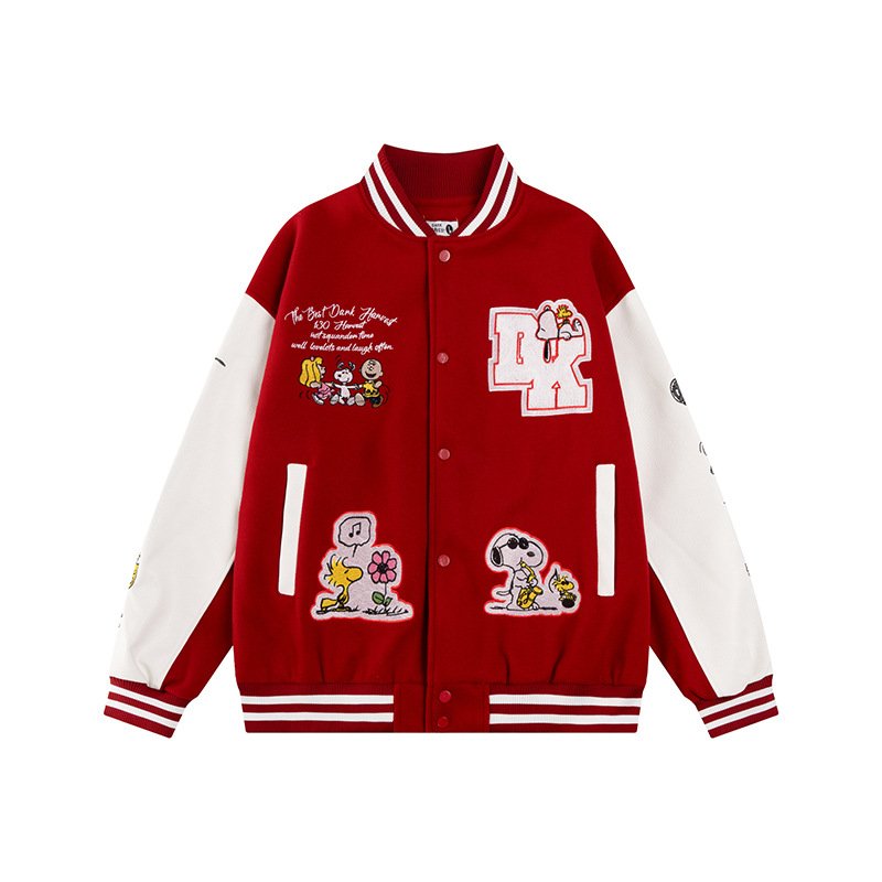 画像4: Unisex Snoopy & Friends Embroidery Leather Sleeve Stadium Baseball Jacket Blouson ユニセックス 男女兼用スヌーピー&フレンズ 刺繍レザースリーブスタジャン スタジアムジャンパー ジャケット (4)