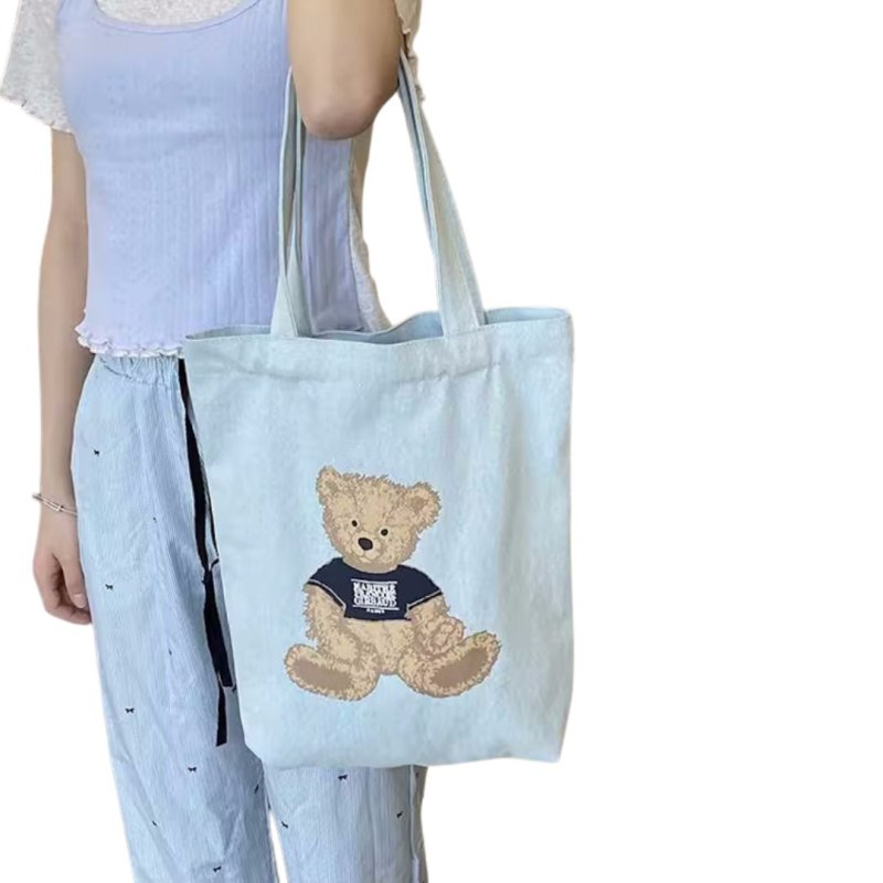 画像2: Teddy Bear Denim Shopping Eco Tote Shoulder Bag テディーベアデニム ショッピングエコトートショルダーバッグ (2)