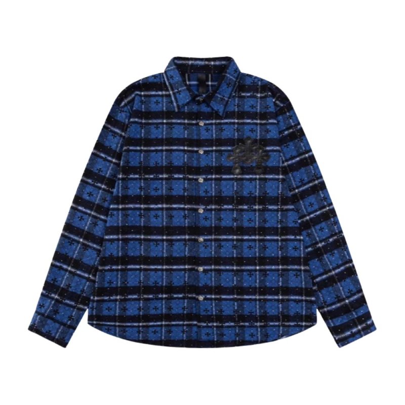 画像1: Men's 3colors leather Cross flannel long-sleeved shirts ユニセックス 男女兼用 フランネル レザー 十字架 クロス パッチ モチーフ付 チェック シャツ ネルシャツ (1)