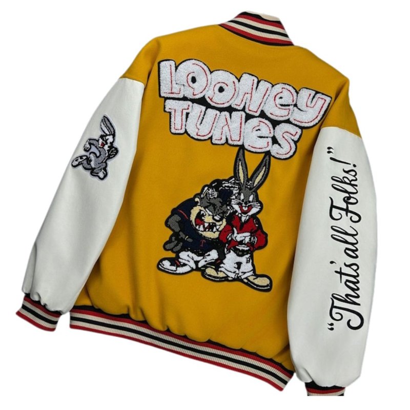 画像3: Unisex Looney Tunes Bugs Bunny Embroidery Leather Sleeve Stadium Baseball Jacket Blouson ユニセックス 男女兼用 ルーニーチューンバッグスバニー刺繍レザースリーブスタジャン スタジアムジャンパー ジャケット (3)