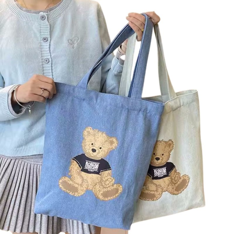 画像4: Teddy Bear Denim Shopping Eco Tote Shoulder Bag テディーベアデニム ショッピングエコトートショルダーバッグ (4)