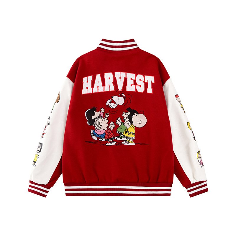 画像7: Unisex Snoopy & Friends Embroidery Leather Sleeve Stadium Baseball Jacket Blouson ユニセックス 男女兼用スヌーピー&フレンズ 刺繍レザースリーブスタジャン スタジアムジャンパー ジャケット (7)