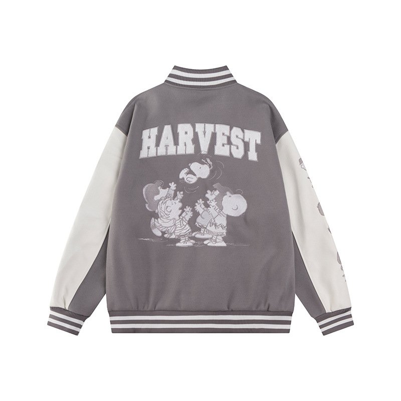 画像5: Unisex Snoopy & Friends Embroidery Leather Sleeve Stadium Baseball Jacket Blouson ユニセックス 男女兼用スヌーピー&フレンズ 刺繍レザースリーブスタジャン スタジアムジャンパー ジャケット (5)