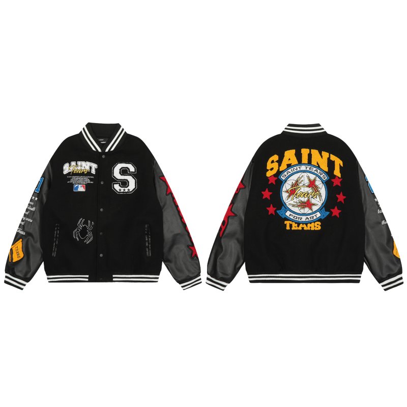画像1: Unisex American Patchwork Embroidered Stadium Jumper Jacket Blouson ユニセックス 男女兼用アメリカンパッチワーク刺繍 レザースリーブスタジャン スタジアムジャンパー ジャケット (1)