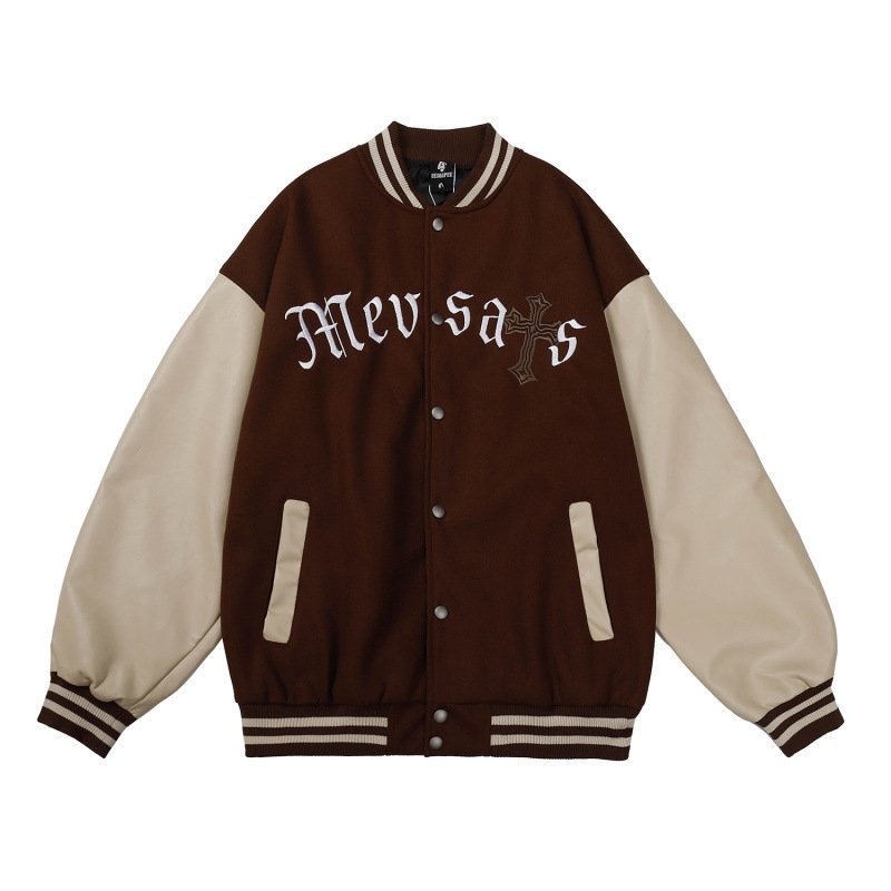 画像3: Unisex Alphabet logo  Leather Sleeve embroidered stadium jacket Blouson  ユニセックス 男女兼用アルファベットロゴ刺繍レザースリーブスタジャン スタジアムジャンパー ジャケット (3)