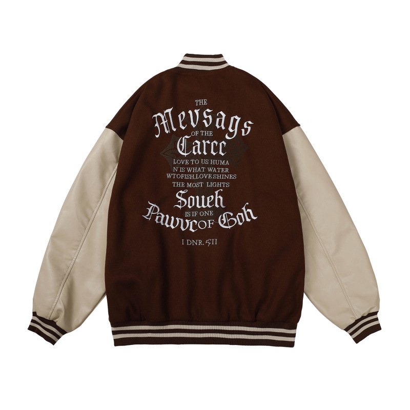 画像5: Unisex Alphabet logo  Leather Sleeve embroidered stadium jacket Blouson  ユニセックス 男女兼用アルファベットロゴ刺繍レザースリーブスタジャン スタジアムジャンパー ジャケット (5)