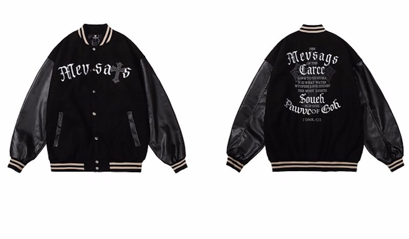 画像2: Unisex Alphabet logo  Leather Sleeve embroidered stadium jacket Blouson  ユニセックス 男女兼用アルファベットロゴ刺繍レザースリーブスタジャン スタジアムジャンパー ジャケット (2)