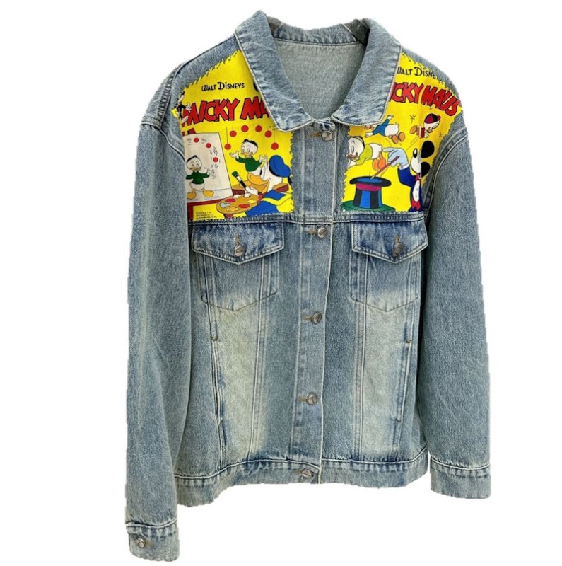 画像1:  Mickey Mouse & Goofy print denim jacket Coat 　ミッキーマウス＆グーフィープリント デニムGジャンコートジャケット (1)