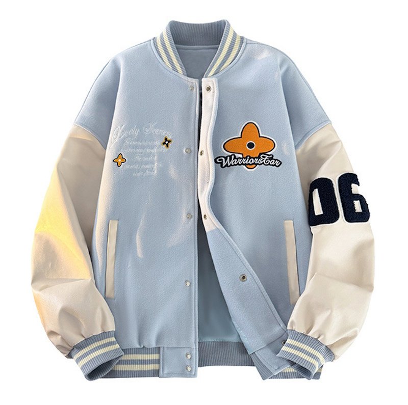 画像2: Unisex flower emblem   Leather Sleeve embroidered stadium jacket Blouson  ユニセックス 男女兼用フラワー刺繍エンブレムレザースリーブスタジャン スタジアムジャンパー ジャケット (2)