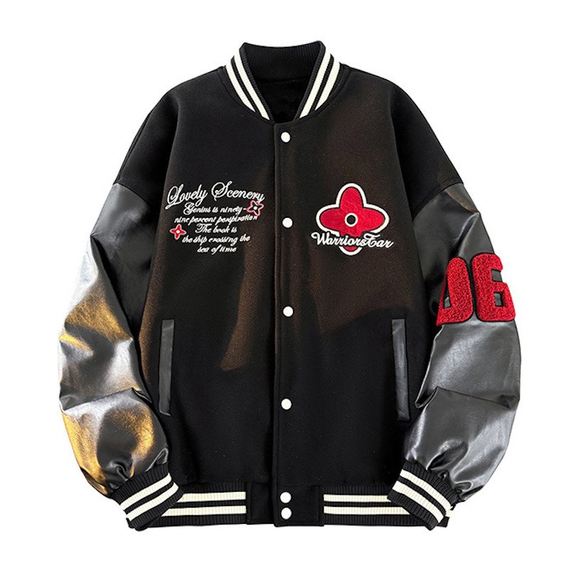 画像3: Unisex flower emblem   Leather Sleeve embroidered stadium jacket Blouson  ユニセックス 男女兼用フラワー刺繍エンブレムレザースリーブスタジャン スタジアムジャンパー ジャケット (3)