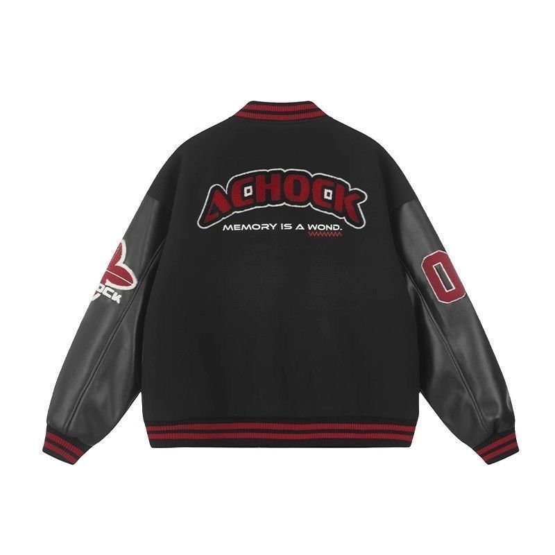 画像2: Unisex Alphabet logo emblem stadium jacket Blouson  ユニセックス 男女兼用アルファベットロゴ刺繍レザースリーブオーバーサイズスタジャン スタジアムジャンパー ジャケット (2)