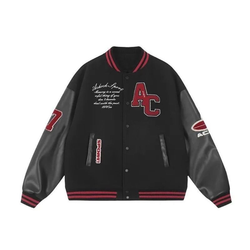 画像4: Unisex Alphabet logo emblem stadium jacket Blouson  ユニセックス 男女兼用アルファベットロゴ刺繍レザースリーブオーバーサイズスタジャン スタジアムジャンパー ジャケット (4)