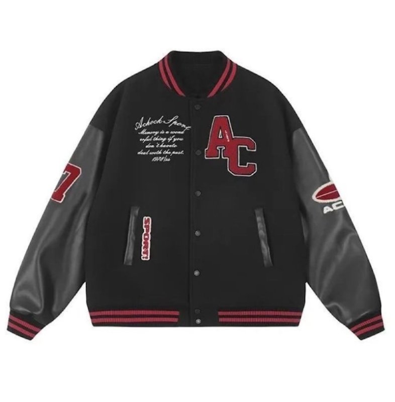 画像1: Unisex Alphabet logo emblem stadium jacket Blouson  ユニセックス 男女兼用アルファベットロゴ刺繍レザースリーブオーバーサイズスタジャン スタジアムジャンパー ジャケット (1)