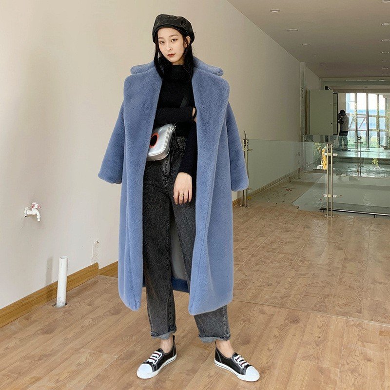 画像12: Women's fake Rex rabbit fur long coat  jacket エコファー フェイクファー ガウン ロブ コート テディベア ぬいぐるみ モコモコ ロング コート　 (12)