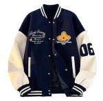 画像1: Unisex flower emblem   Leather Sleeve embroidered stadium jacket Blouson  ユニセックス 男女兼用フラワー刺繍エンブレムレザースリーブスタジャン スタジアムジャンパー ジャケット (1)