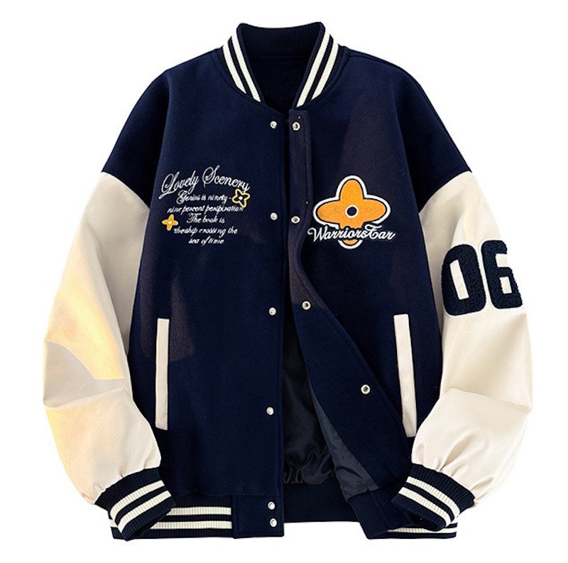 画像1: Unisex flower emblem   Leather Sleeve embroidered stadium jacket Blouson  ユニセックス 男女兼用フラワー刺繍エンブレムレザースリーブスタジャン スタジアムジャンパー ジャケット (1)