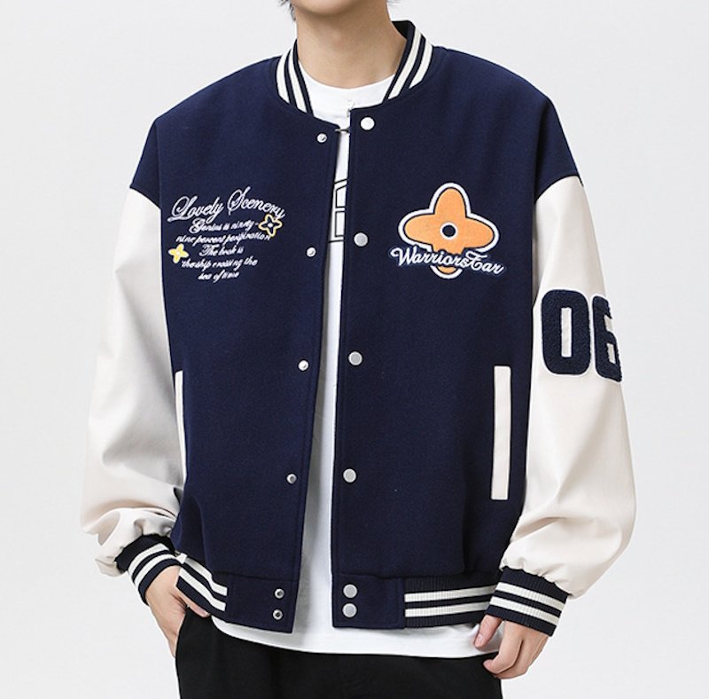 画像9: Unisex flower emblem   Leather Sleeve embroidered stadium jacket Blouson  ユニセックス 男女兼用フラワー刺繍エンブレムレザースリーブスタジャン スタジアムジャンパー ジャケット (9)