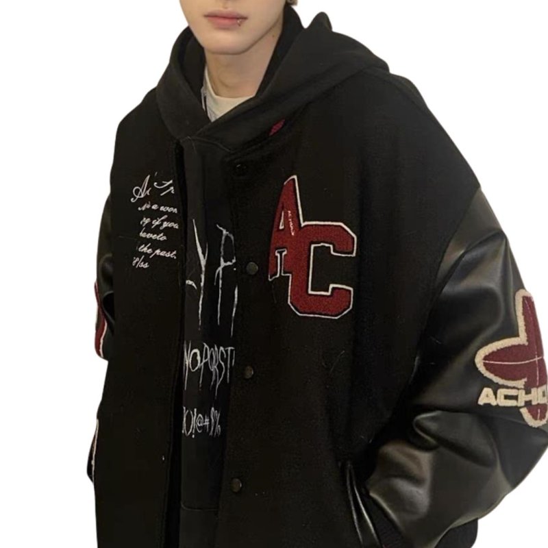 画像3: Unisex Alphabet logo emblem stadium jacket Blouson  ユニセックス 男女兼用アルファベットロゴ刺繍レザースリーブオーバーサイズスタジャン スタジアムジャンパー ジャケット (3)