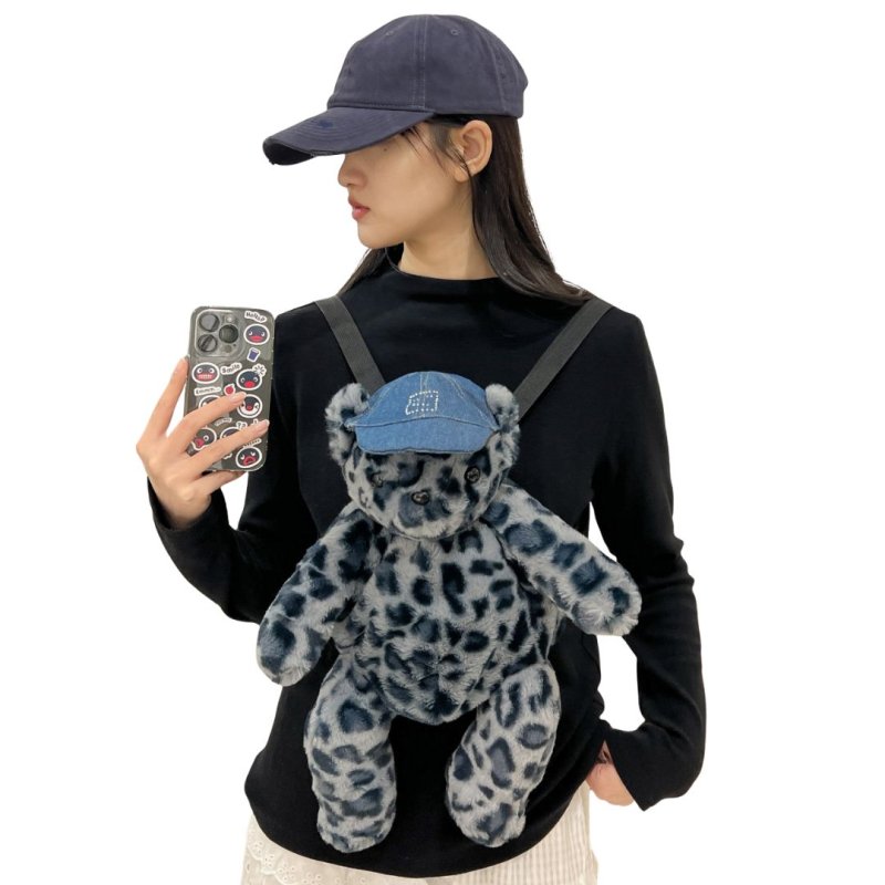 画像4: Leopard print teddy bear plush backpack tote shoulder bag　ヒョウ柄テディベアぬいぐるみバックパックリュックトートショルダーバッグ (4)