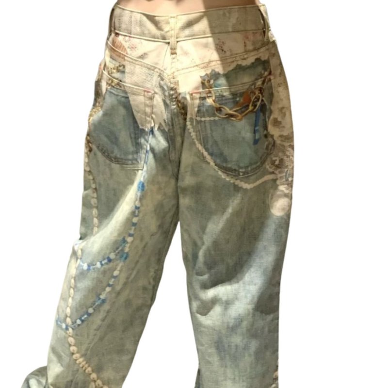 画像3: Unisex Chain & Pearl Trompe l'oeil 3D Print Wide Denim Pants  ユニセックス 男女兼用チェーン＆パール だまし絵 3Dプリントワイドデニムパンツ  (3)