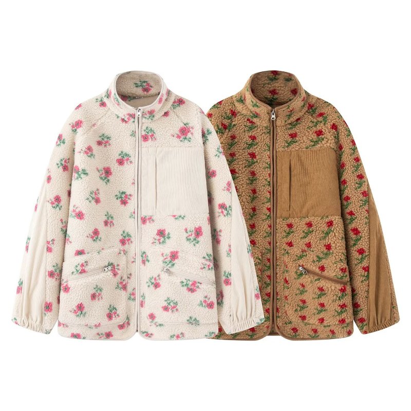 画像5: Lambswool fleece floral print zip-up jacket coat　ラムウールフリース花柄ジップアップジャケットコート (5)