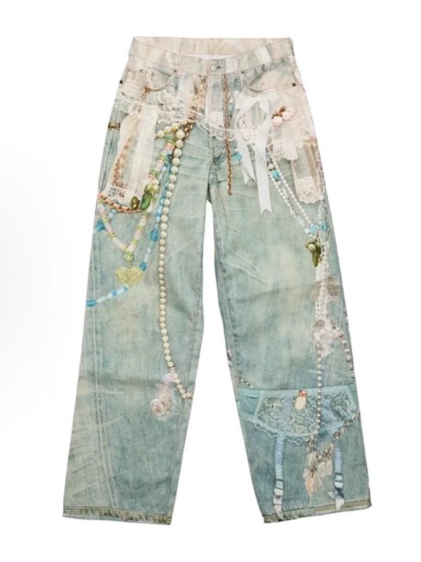 画像5: Unisex Chain & Pearl Trompe l'oeil 3D Print Wide Denim Pants  ユニセックス 男女兼用チェーン＆パール だまし絵 3Dプリントワイドデニムパンツ  (5)