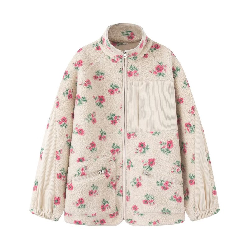 画像1: Lambswool fleece floral print zip-up jacket coat　ラムウールフリース花柄ジップアップジャケットコート (1)