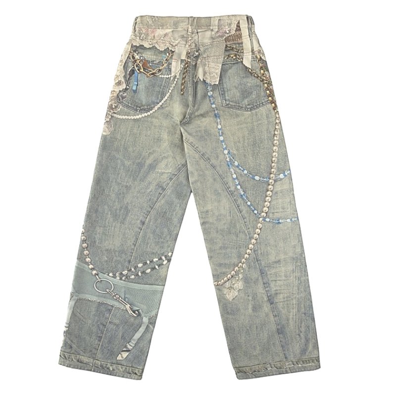 画像6: Unisex Chain & Pearl Trompe l'oeil 3D Print Wide Denim Pants  ユニセックス 男女兼用チェーン＆パール だまし絵 3Dプリントワイドデニムパンツ  (6)