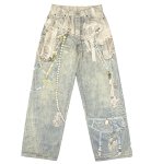 画像1: Unisex Chain & Pearl Trompe l'oeil 3D Print Wide Denim Pants  ユニセックス 男女兼用チェーン＆パール だまし絵 3Dプリントワイドデニムパンツ  (1)