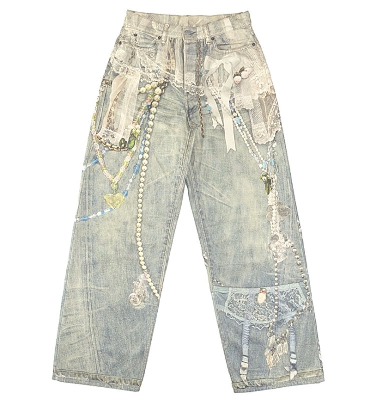 画像1: Unisex Chain & Pearl Trompe l'oeil 3D Print Wide Denim Pants  ユニセックス 男女兼用チェーン＆パール だまし絵 3Dプリントワイドデニムパンツ  (1)
