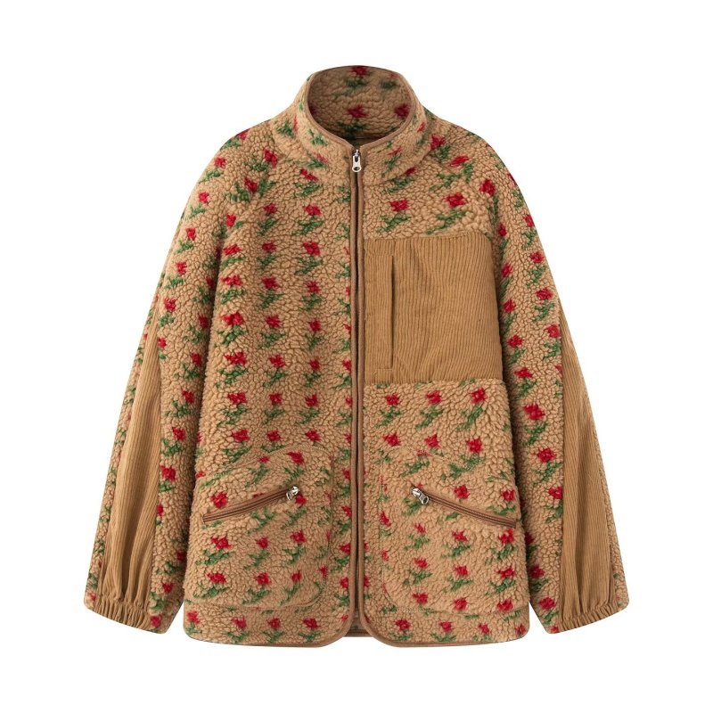 画像2: Lambswool fleece floral print zip-up jacket coat　ラムウールフリース花柄ジップアップジャケットコート (2)