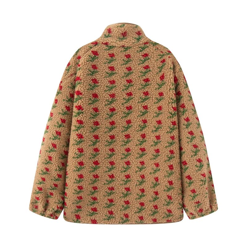 画像4: Lambswool fleece floral print zip-up jacket coat　ラムウールフリース花柄ジップアップジャケットコート (4)